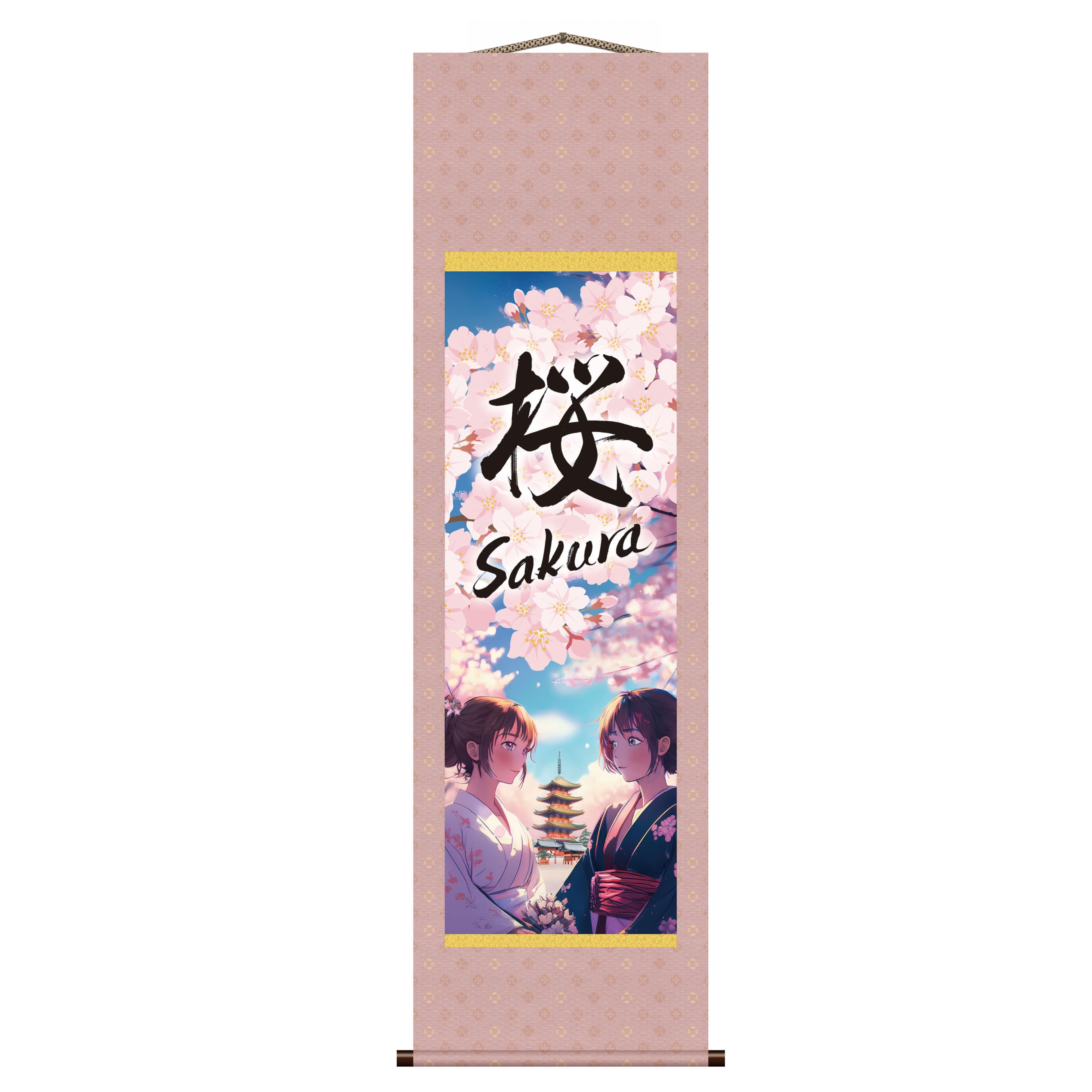 Japanese Anime Sakura Kakemono Wall Scroll – Kimono Women with Pagoda