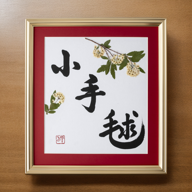 Pressed Flower Kodemari "Reeves Spirea" in Japanese - Gold Frame with Red Mat, Design 2 (Free Shipping)