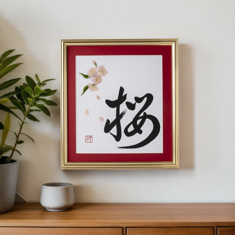 Pressed Flower Sakura "Cherry Blossom" in Japanese - Gold Frame with Red Mat, Design 1 (Free Shipping)