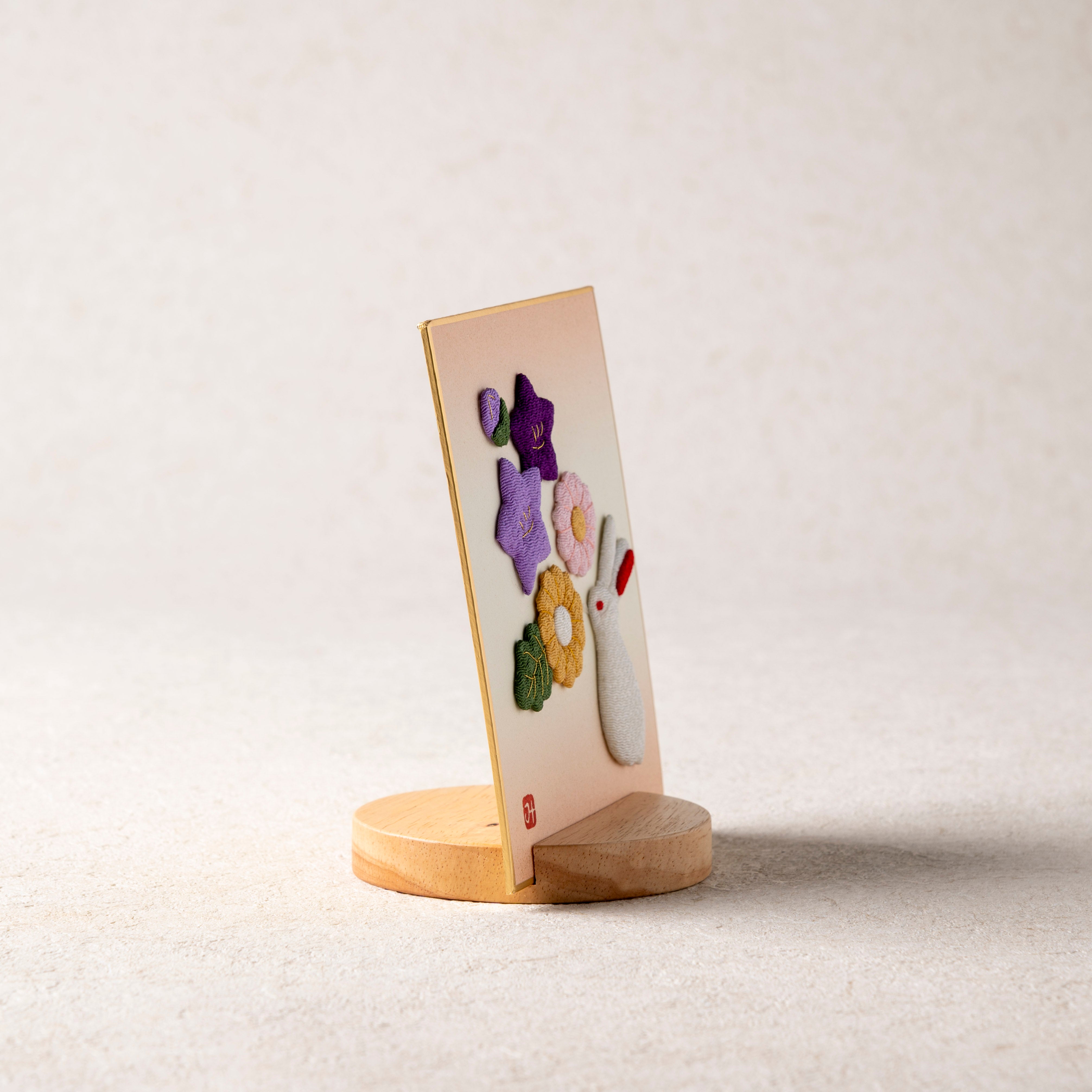 Autumn Flowers and Rabbit - Raised Cloth Artwork, Includes a Wooden Stand