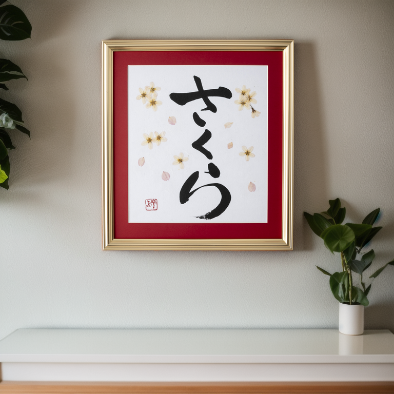 Pressed Flower Sakura "Cherry Blossom" in Japanese - Gold Frame with Red Mat, Design 3 (Free Shipping)