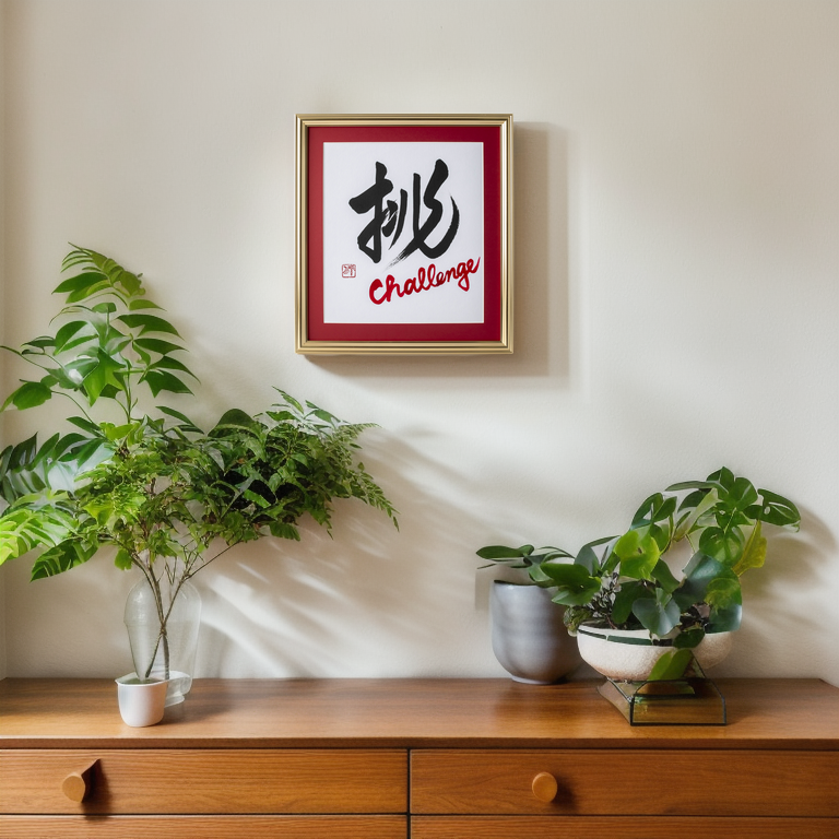 Idomu "Challenge" in Japanese - Gold Frame with Red Mat (Free Shipping)