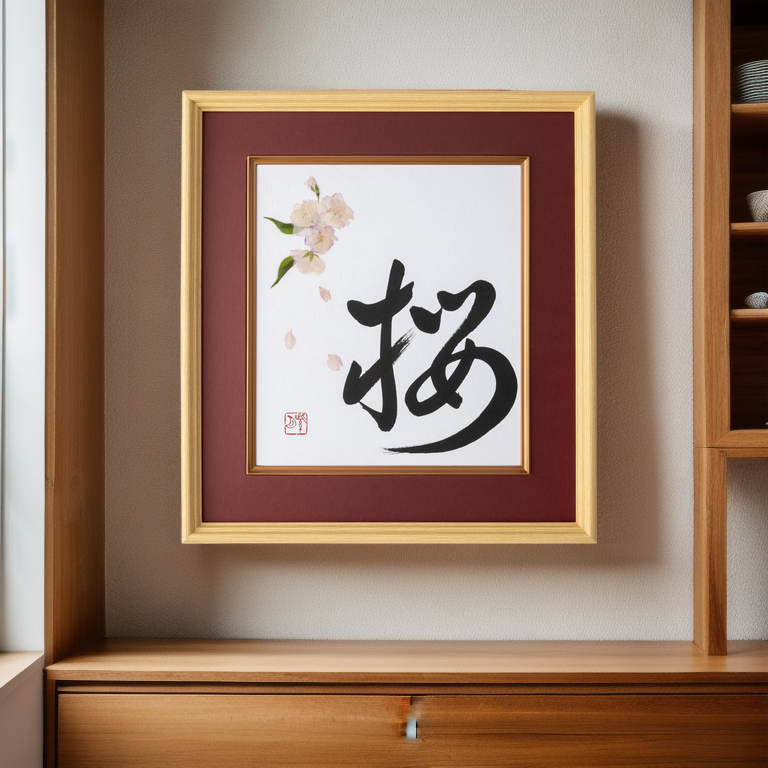 Pressed Flower Sakura "Cherry Blossom" in Japanese - Wooden Frame with Red Mat, Design 1 (Free Shipping)