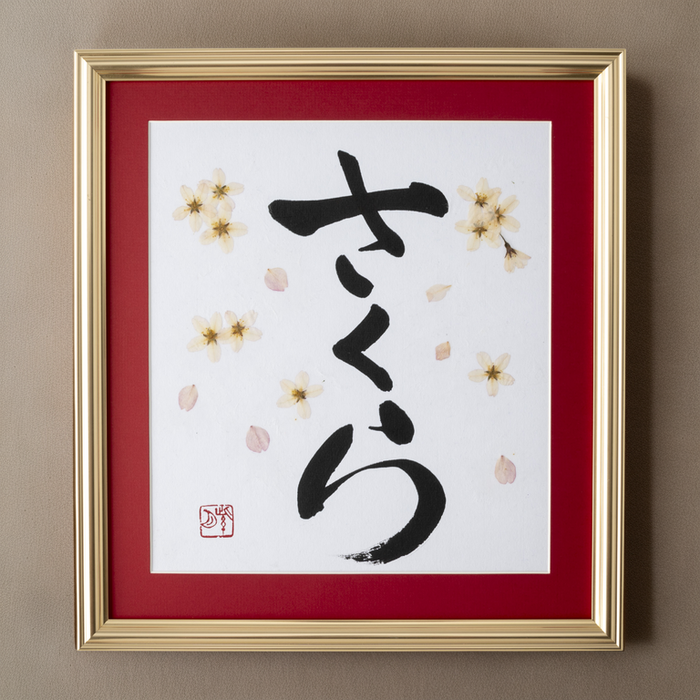 Pressed Flower Sakura "Cherry Blossom" in Japanese - Gold Frame with Red Mat, Design 3 (Free Shipping)