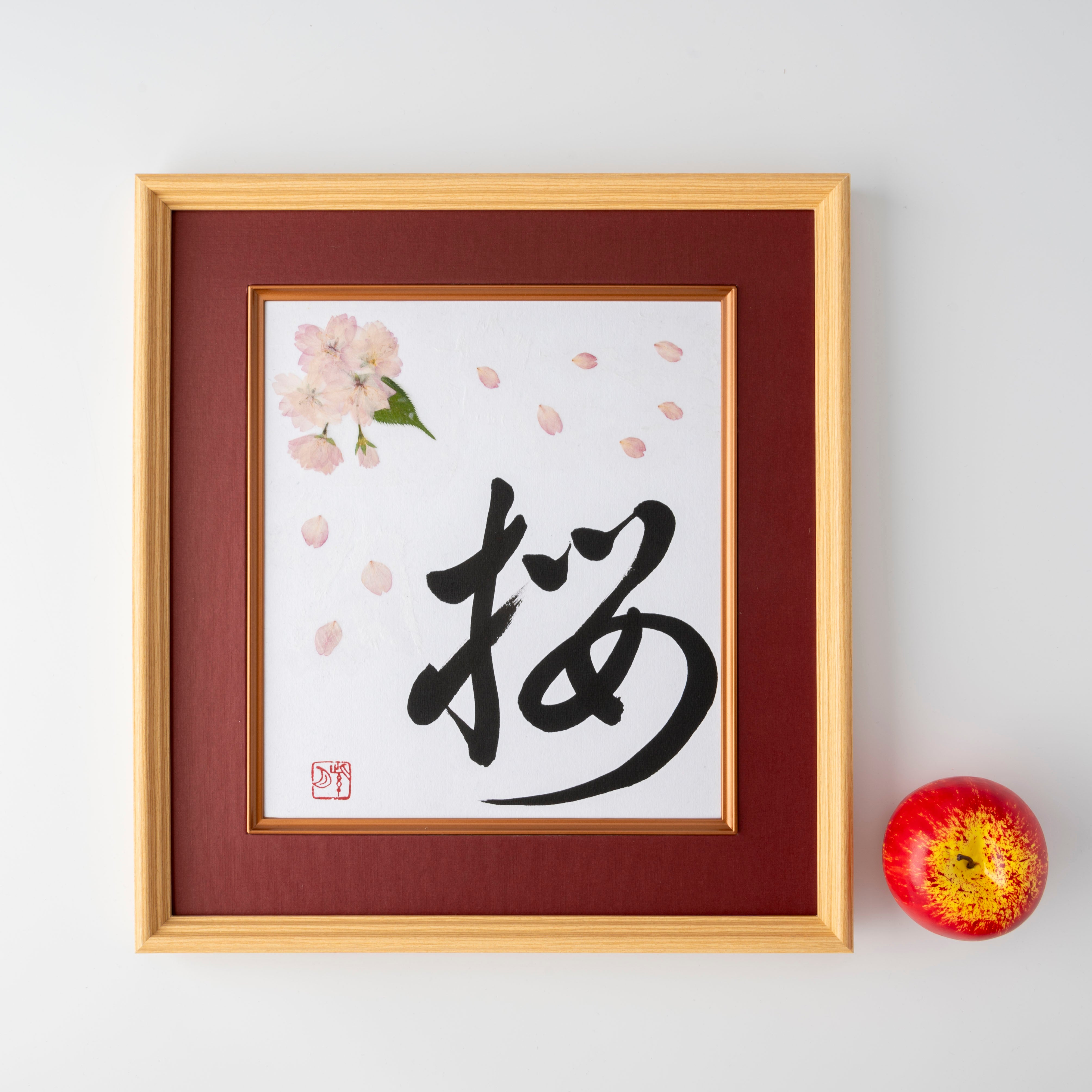 Pressed Flower Sakura "Cherry Blossom" in Japanese - Wooden Frame with Red Mat, Design 1 (Free Shipping)