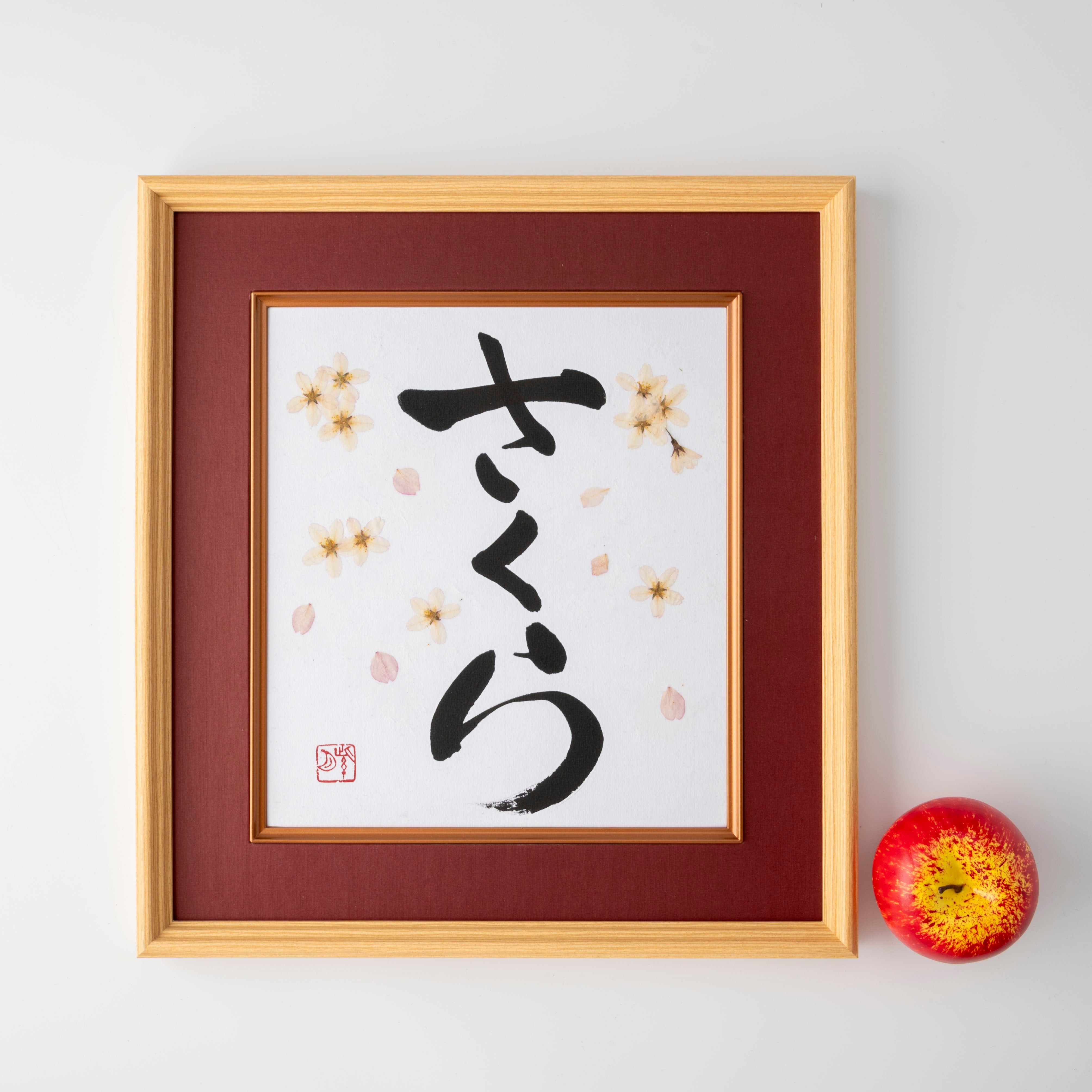 Pressed Flower Sakura "Cherry Blossom" in Japanese - Wooden Frame with Red Mat, Design 3 (Free Shipping)