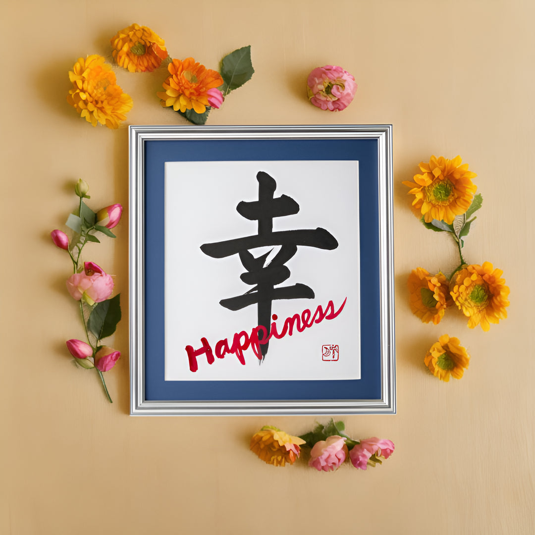 Shiawase "Happiness" in Japanese - Silver Frame with Blue Mat (Free Shipping)