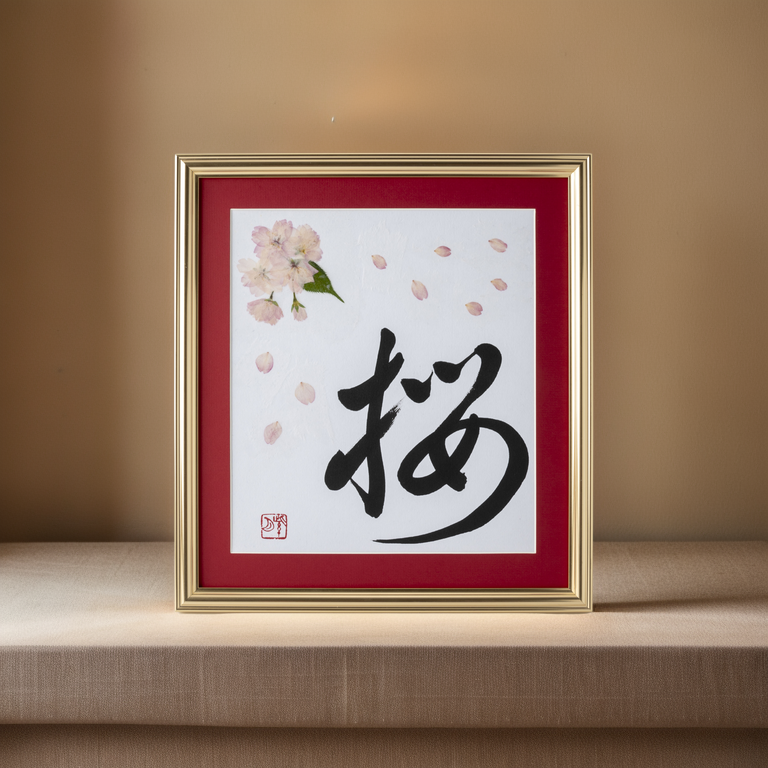 Pressed Flower Sakura "Cherry Blossom" in Japanese - Gold Frame with Red Mat, Design 1 (Free Shipping)