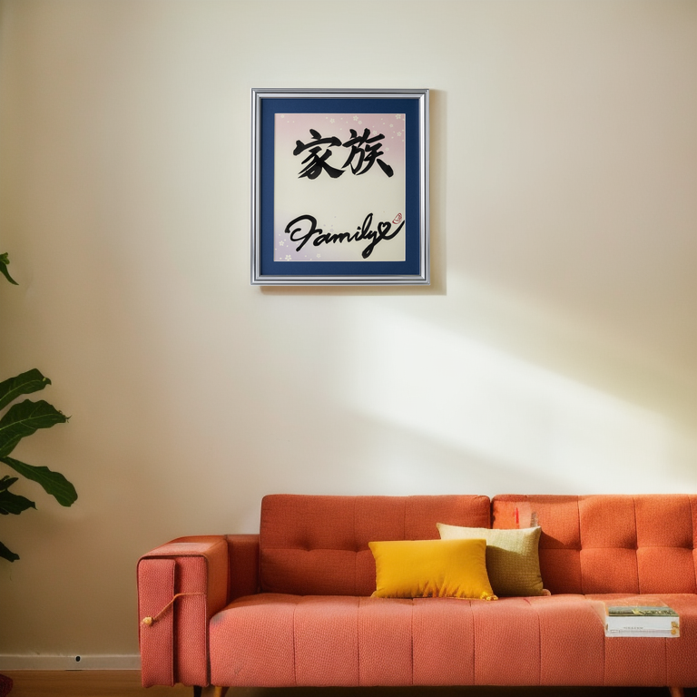 Kazoku "Family" in Japanese - Silver Frame with Blue Mat (Free Shipping)