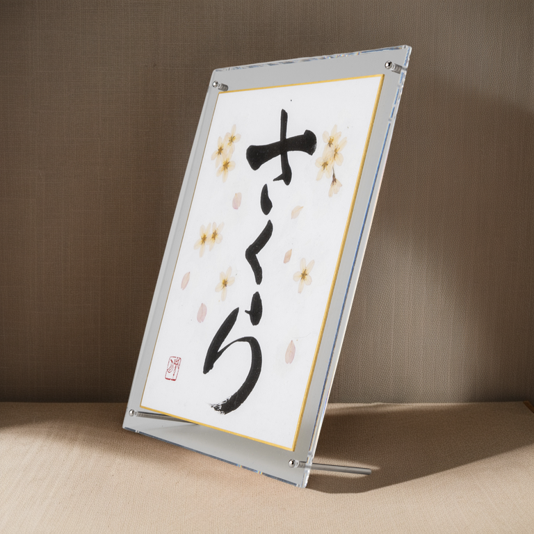 Pressed Flower Sakura "Cherry Blossom" in Japanese - Acrylic Clear Frame, Design 3 (Free Shipping)