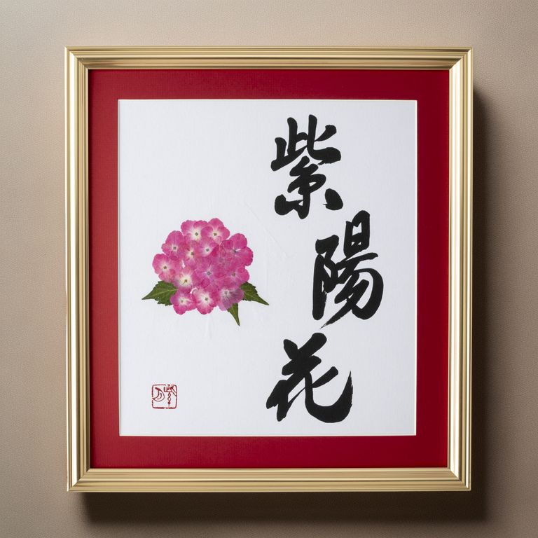 Pressed Flower Ajisai "Hydrangea" in Japanese - Gold Frame with Red Mat, Design 1 (Free Shipping)