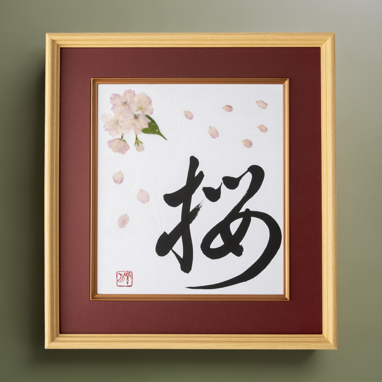 Pressed Flower Sakura "Cherry Blossom" in Japanese - Wooden Frame with Red Mat, Design 1 (Free Shipping)