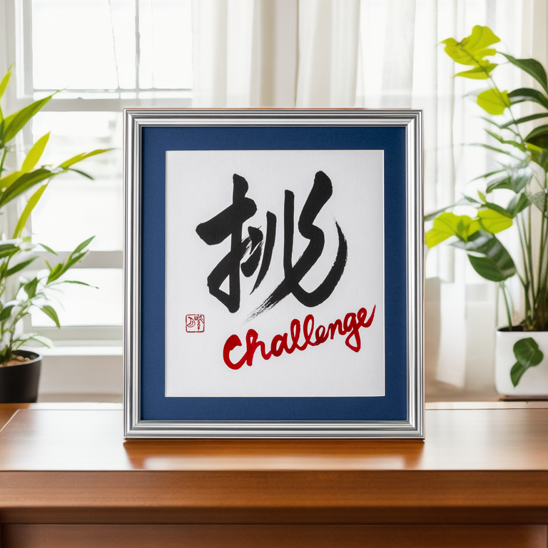 Idomu "Challenge" in Japanese - Silver Frame with Blue Mat (Free Shipping)